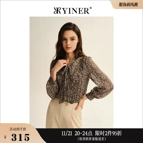 YINER音儿专选女装秋季时尚法式碎花上衣蝴蝶领结轻薄衬衫商品大图