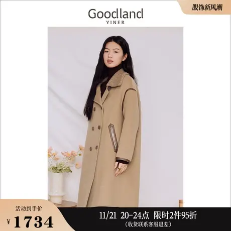 [100%绵羊毛]Goodland美地女装2023冬季双面呢毛呢外套美拉德大衣商品大图