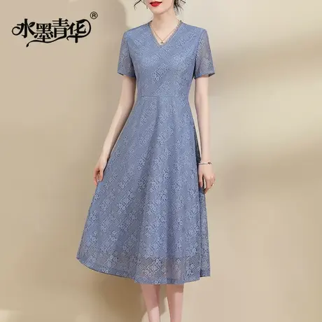 水墨青华2024夏装新品时尚百搭短袖大摆裙优雅中长款蕾丝连衣裙商品大图