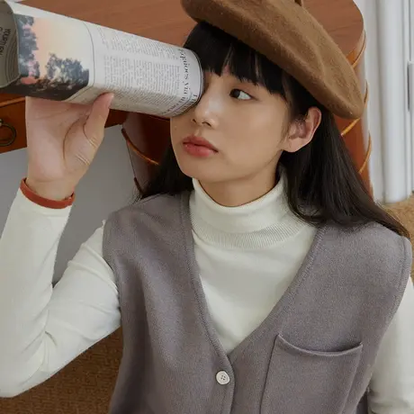 omont蛋挞家 复古V领针织背心女秋冬季外搭百搭毛衣马甲打底上衣图片