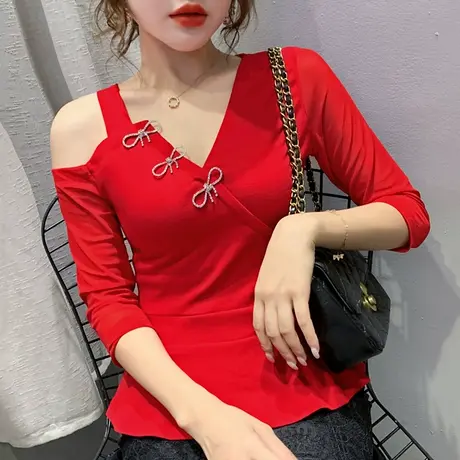 七分袖女装外穿潮性感露肩V领T恤女夏小心机洋气上衣百搭打底衫女商品大图