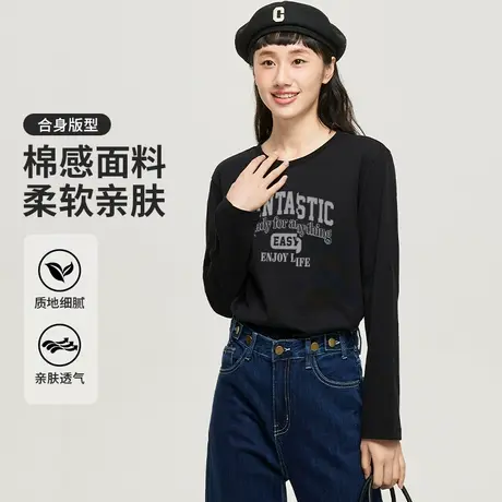 真维斯Z+女装 秋季新款圆领设计感印花长袖T恤基础打底衫图片