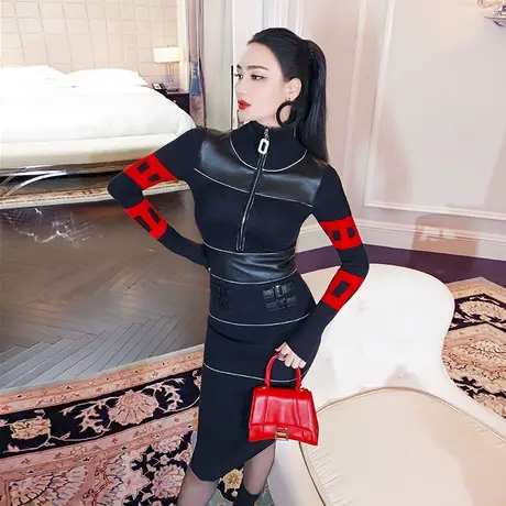 VJE帅气拼皮小高领针织连衣裙秋冬女装洋气设计感中长款裙子商品大图