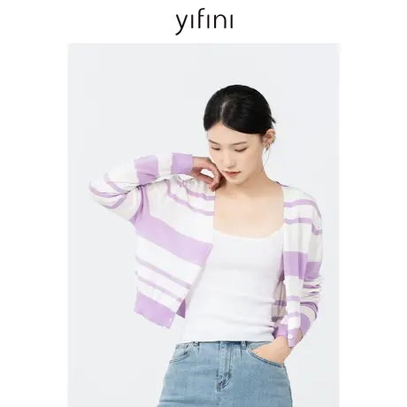 Yifini/易菲宽松条纹长袖薄款针织衫女初秋新款通勤百搭外套商品大图