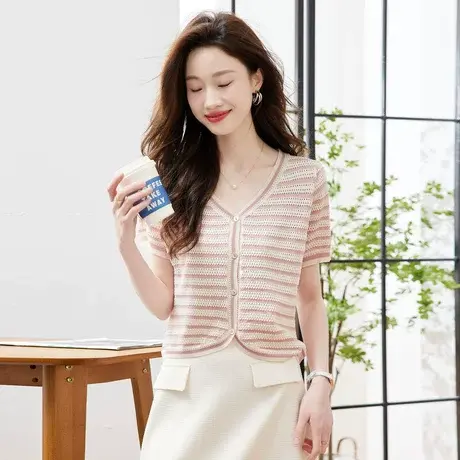 时尚气质短袖针织衫2023年夏季新款淑女温柔V领显瘦通勤上衣商品大图