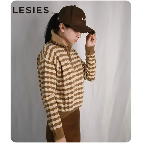【100%羊毛】Lesies蓝色倾情2023秋冬季新款羊毛衫拉链半开领条纹商品大图