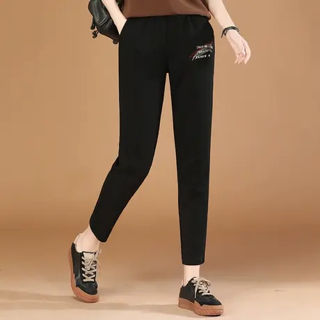 韩潮袭人松紧腰刺绣黑色运动休闲裤女2024春季新款宽松显瘦哈伦裤图片