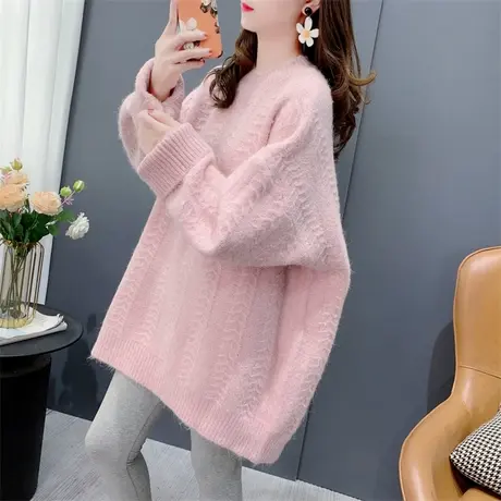 宽松慵懒风加厚圆领毛衣女外穿2023秋冬新款复古日系百搭针织上衣图片