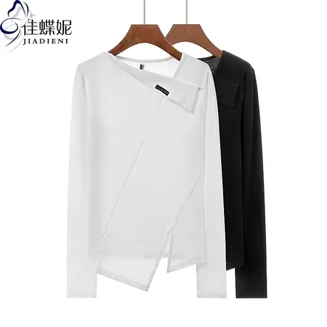 早春新款韩版斜领纯棉修身不规则下摆纯色长袖体恤上衣内搭女打底商品大图