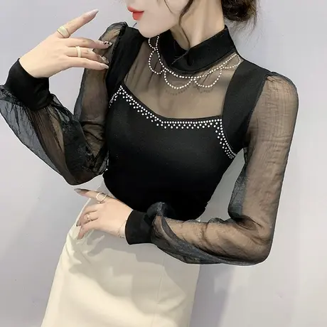 网纱拼接打底衫女春秋2024新款烫钻气质半高领上衣ins别致T恤长袖商品大图