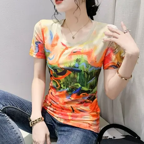 个性涂鸦印花T恤女短袖欧货圆领网纱上衣夏季时尚洋气修身小衫ins图片