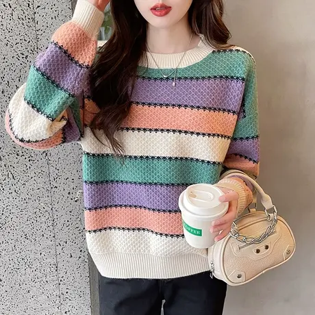 网红彩虹条纹女士毛衣爆款2023新款秋冬针织打底衫宽松百搭上衣女商品大图