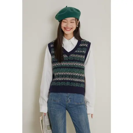 弥古复古条纹针织马甲女款2023新款秋冬外穿内搭叠穿v领毛衣背心商品大图