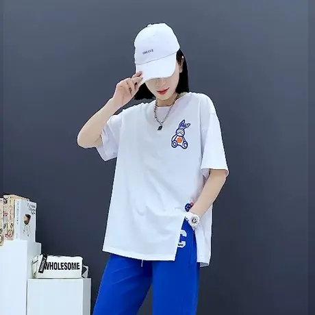 洋气减龄卡通印花短袖t恤女2023夏季新款韩版宽松设计感开叉上衣图片