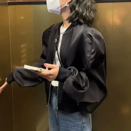 2023新款夹克衫韩国小众宽肩设计立领立领棒球服女春季短外套ins商品大图