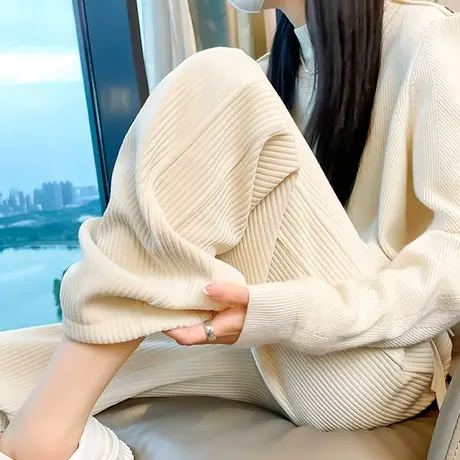 加厚雪尼尔阔腿裤女高腰垂感秋冬季条绒米白色休闲直筒灯芯绒裤子商品大图