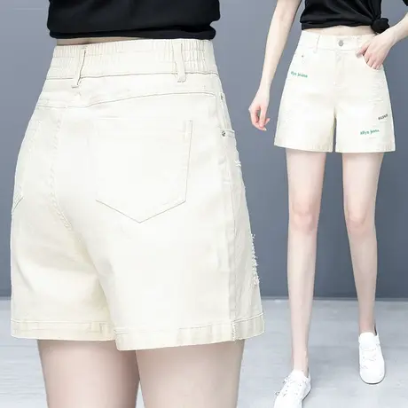 白色牛仔短裤女2024年夏季新款高腰直筒宽松A字阔腿裤ins破洞热裤商品大图