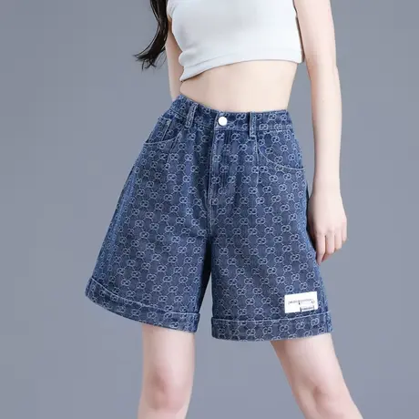 提花牛仔短裤女夏季薄款2024新款高腰显瘦阔腿宽松网红a字三分裤图片