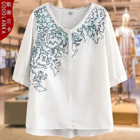 中年妈妈装夏季中袖上衣大码宽松洋气中老年女刺绣纯棉T恤女200斤商品大图
