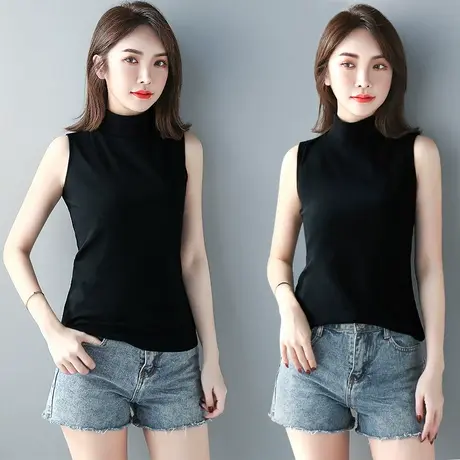 黑色堆堆领高领打底衫女新款简约百搭上衣螺纹修身内搭无袖t恤夏商品大图