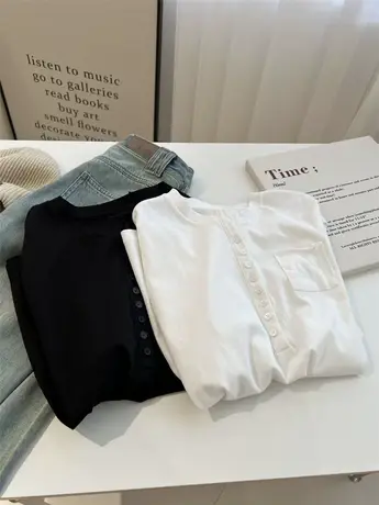 韩版白色排扣圆领长袖T恤女宽松2023秋季薄款打底衫休闲上衣减龄商品大图