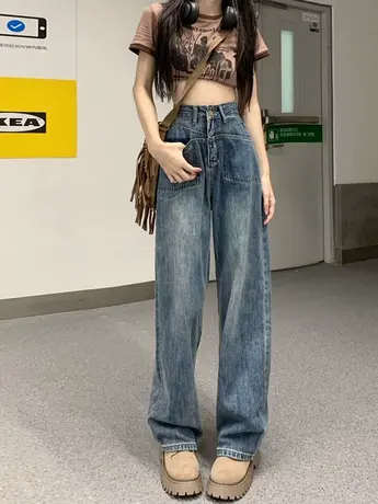 阔腿牛仔裤女春秋高腰宽松显瘦小个子拖地直筒裤子2023年新款春装图片