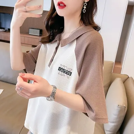 小众设计感短袖t恤女夏季2023新款韩版宽松polo领撞色小个子上衣图片