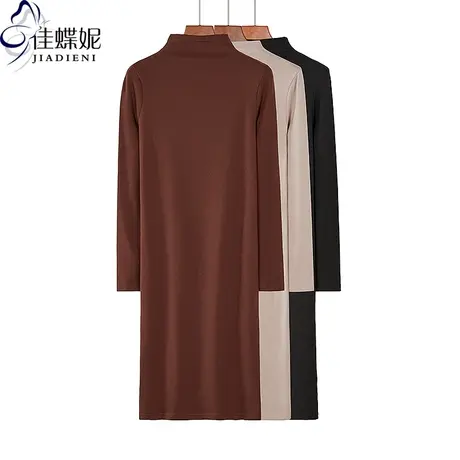 秋冬新款半高领修身显瘦纯棉纯色简约过膝长款打底长袖连衣裙女装商品大图