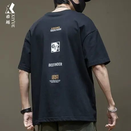 希越夏季300g美式重磅全棉短袖t恤男胖子大码加肥加大半袖体恤衫商品大图