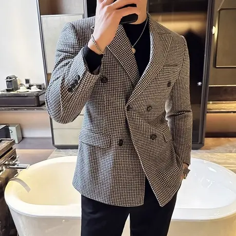 高档意式戗驳领双排扣千鸟格西服男秋冬加厚毛呢外套潮流痞帅修身商品大图