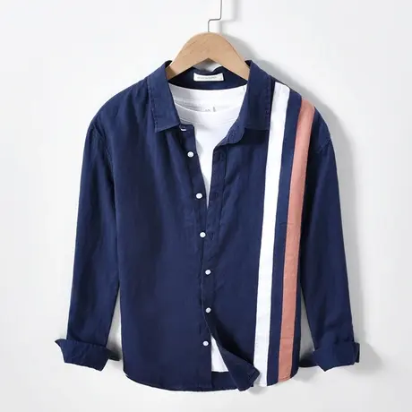 亚麻衬衫男长袖春秋季宽松棉麻翻领拼接衬衣男士休闲百搭外套潮流商品大图