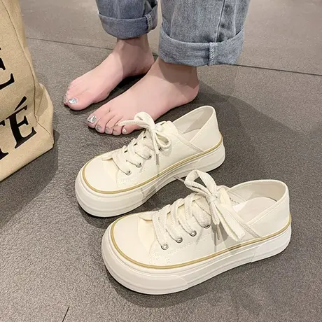 可爱大头半拖帆布鞋女鞋2024夏季新款原创设计厚底两穿丑萌小白鞋商品大图