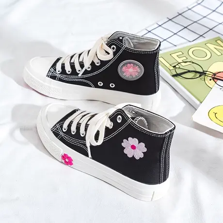 花朵高帮帆布鞋女2021春季新款韩版ulzzang百搭学生复古港风布鞋商品大图