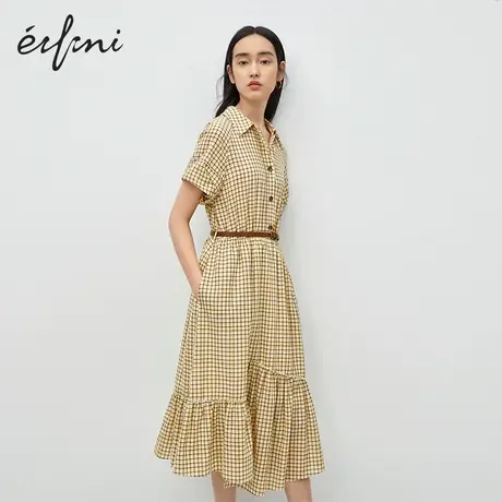 伊芙丽夏季新款翻领格纹短袖连衣裙中长款裙子女1B4993731图片