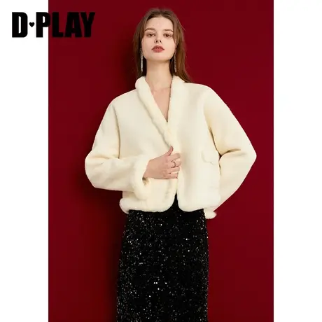 DPLAY2023年冬名媛V领杏色含5%羊驼毛双面毛呢大衣外套女商品大图