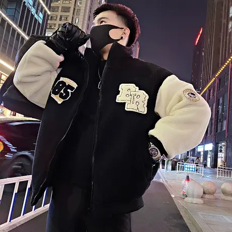 摇粒绒棉衣男冬季刺绣贴标设计感潮牌机车立领拼接加厚羊羔毛外套图片