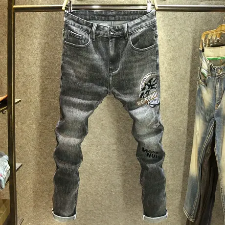 个性大牌烫钻牛仔裤男款弹力小修身脚裤黑灰色潮牌刺绣烫印裤子男商品大图