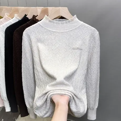 蕾丝半高领毛衣女钉珠打底衫2023秋冬新款套头外穿针织衫内搭上衣图片