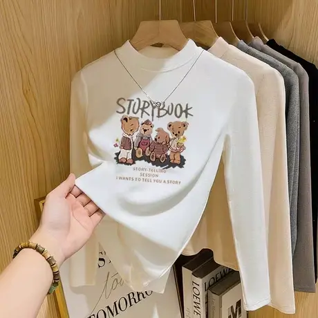 白色德绒打底衫女半高领2024新款2024秋冬季内搭长袖T恤修身衣服商品大图