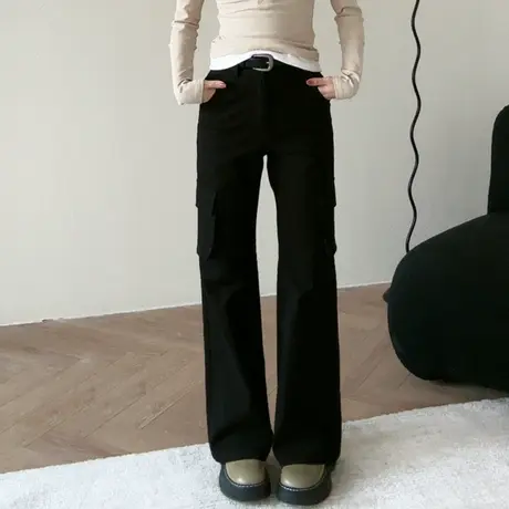 尔给2024早春新款小个子裤子潮牌黑色微喇工装裤女美式复古休闲裤商品大图