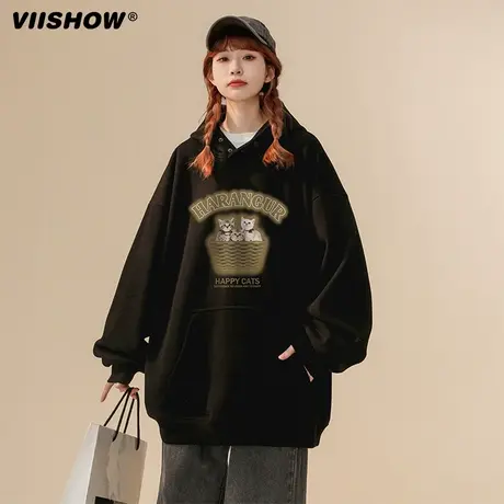 VIISHOW美式复古卡通猫猫印花连帽卫衣男女同款宽松休闲情侣外套商品大图