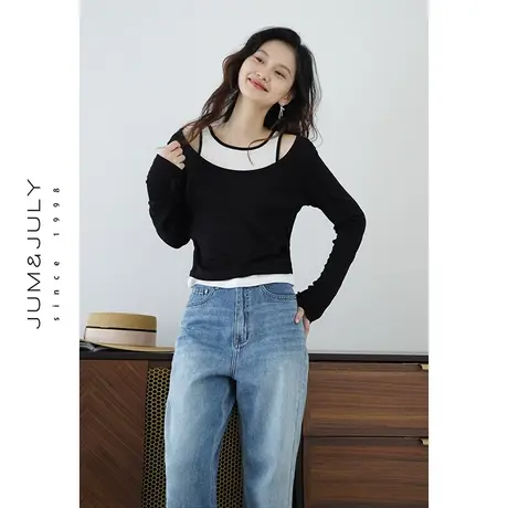 嘉茱莉2024春季新款假两件长袖T恤女士打底衫小个子短款内搭上衣商品大图