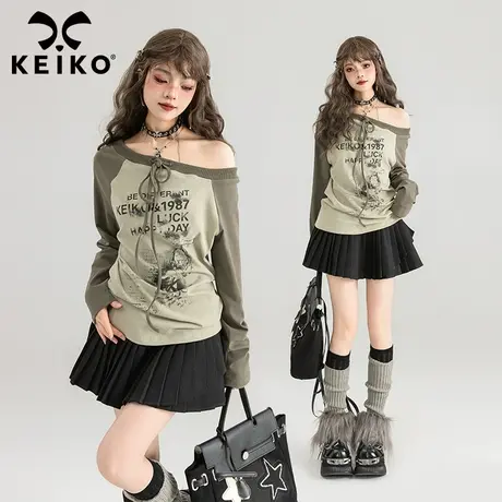 KEIKO美式插肩袖字母印花T恤2024春夏甜辣妹宽松系带一字露肩上衣图片