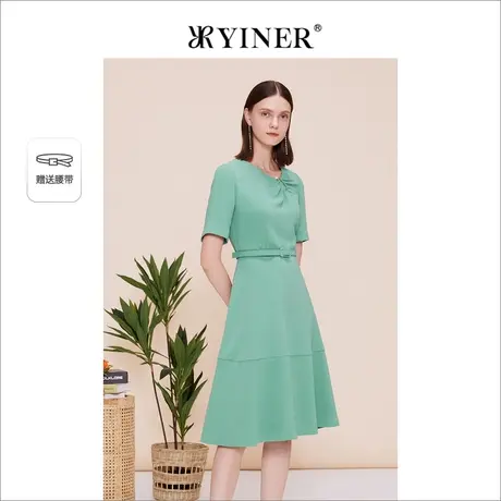 YINER音儿2023春季斜领短袖收腰连衣裙配腰带图片