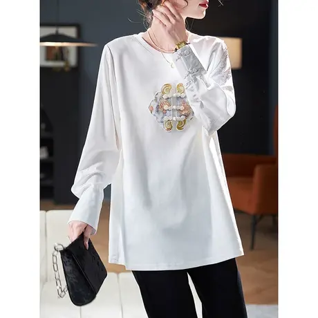 宝诗黎新中式刺绣钉珠长袖T恤2024春季新款百搭宽松棉质休闲上衣商品大图