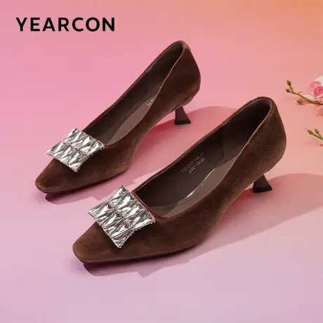 意尔康女鞋2024春季时尚方头浅口水钻中跟一脚蹬复古气质单鞋磨砂商品大图