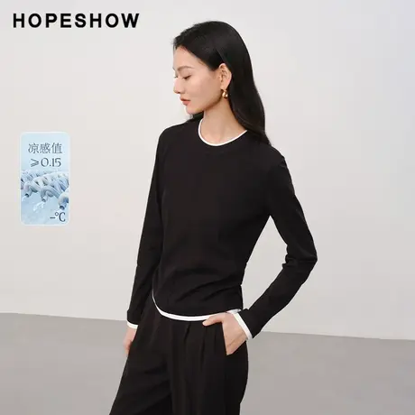红袖凉感舒适假两件式上衣hopeshow2024春季新款简约纯色长袖T恤商品大图
