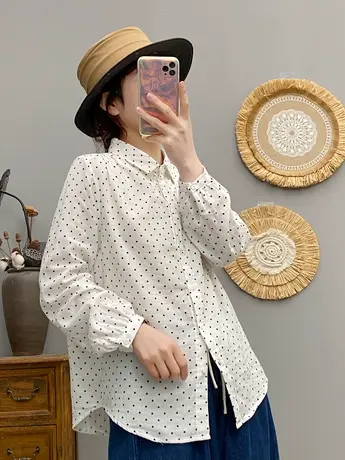 春装韩版复古波点点印花双层纱纯棉长袖衬衫女中长款宽松打底上衣商品大图