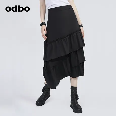odbo/欧迪比欧时尚设计感皱褶拼接半身裙女春季新款不规则蛋糕裙图片