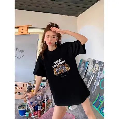 2024新款黑色短袖t恤女oversize夏季宽松中长款打底复古内搭上衣图片